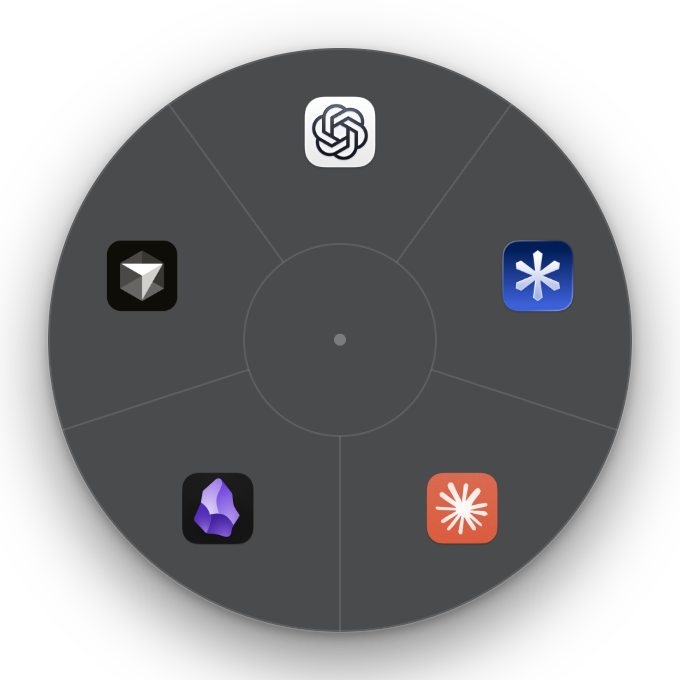 FowyRing’s circular app switcher, with apps arranged around the cursor